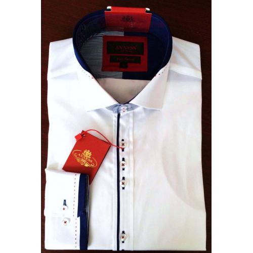 Axxess White / Navy Slim Fit Pure Cotton Dress Shirt AX002